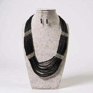 Multi Layers Black Wooden Bead Silver Tone Bead Necklace Earring Set